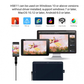 Huion Inspiory H611 Pen tablet هيون تابلت 10 انش مع 8 كبسات كبير احمر و ازرق